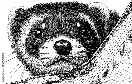 Engraved illustration of curious ferret peeking out