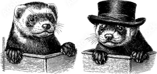 Charming ferrets peeking from boxes in vintage engraved style