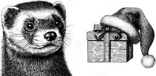Festive ferret with gift box and santa hat illustration for holiday design