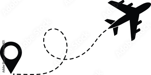 Airplane flight path with location pin travel route icon isolated on transparent background

