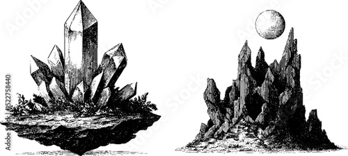 Enchanted floating crystal towers and landscapes with engraved details