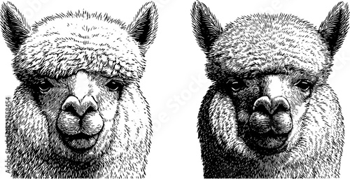 Engraved illustration set of fluffy alpaca faces for art and design