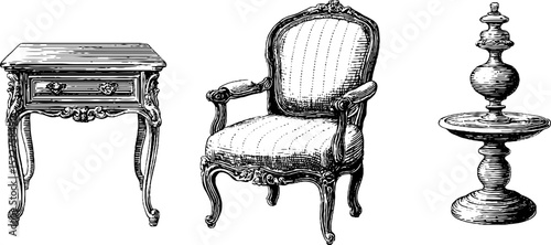 Elegant french provincial furniture illustrations for vintage design and decor projects