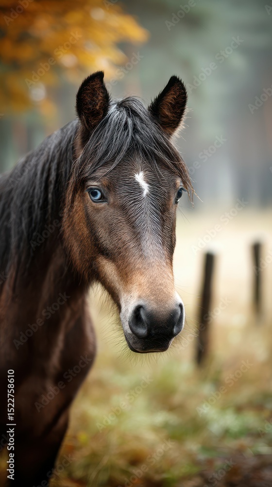 Fototapeta premium Majestic brown horse with striking blue eyes standing in a misty forest during autumn