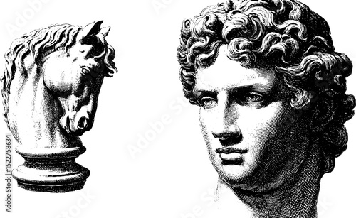 Classical engraved illustrations of french provincial art with horse and human busts