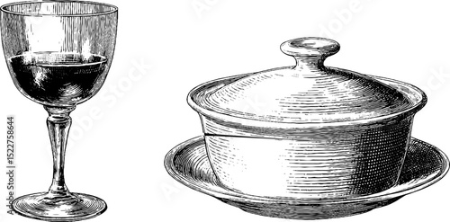 Elegant french provincial wine and dining set engraving for vintage design