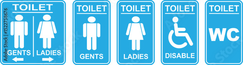 Toilet signs vector icon set. Bathroom glyph icons isolated on transparent background. WC sign set. Male, female and disabled wheelchair restroom icon sign. Vector illustration.