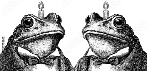 Engraved illustration of frogs in party vests with candles