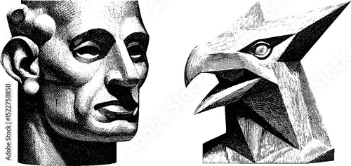 Engraved futuristic abstract busts: human and bird sculptures with geometric lines