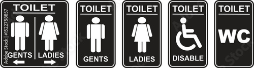 Toilet signs vector icon set. Bathroom glyph icons isolated on transparent background. WC sign set. Male, female and disabled wheelchair restroom icon sign. Vector illustration.
