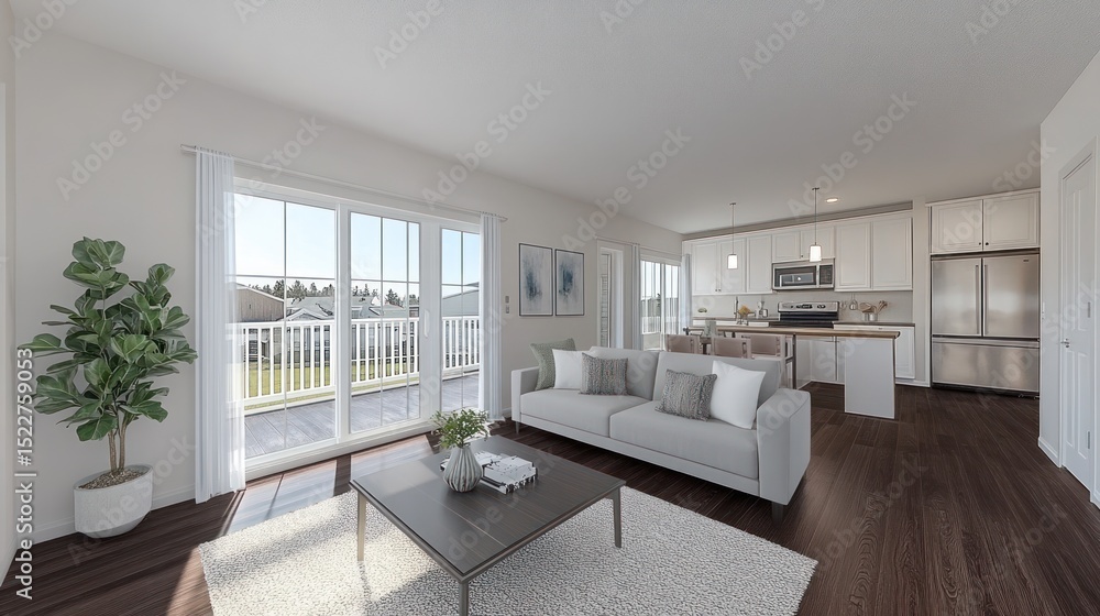 Fototapeta premium Open-concept living area with modern kitchen and patio access.