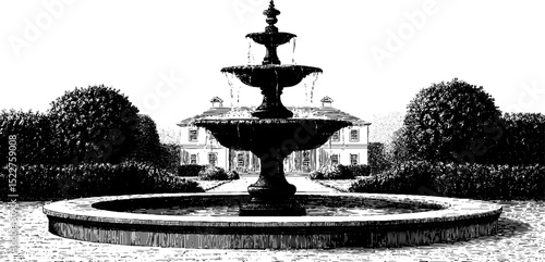 Elegant georgian mansion illustration with ornate fountain and lush garden landscape