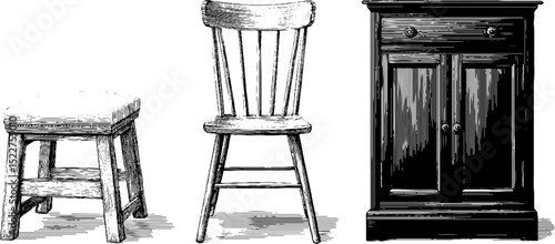Engraved illustration set of georgian stool and wooden chairs for historical design projects