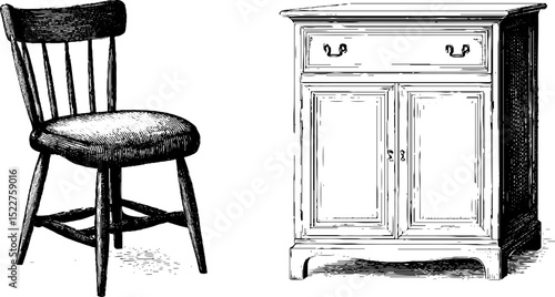 Engraved illustration set of georgian furniture: stool and cabinet design for interior decor