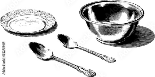 Antique georgian silver tableware set with engraved spoons and bowl for vintage dining decor