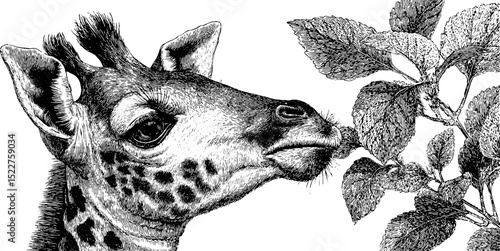 Engraved illustration of giraffe calf nibbling leaves for nature and wildlife art