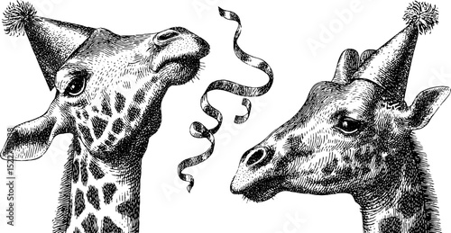 Festive engraved giraffes in party hats with streamers for celebration design