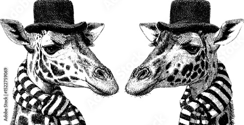 Engraved giraffe portraits in bowler hats with striped scarves for vintage design