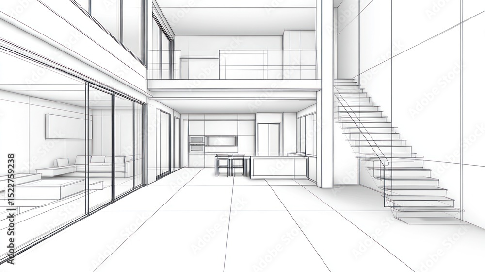 Obraz premium Architectural drawing of a modern open-plan home interior.