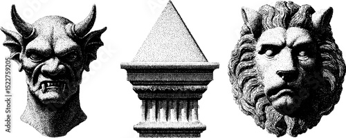 Gothic gargoyle and architectural element engraving set for design projects