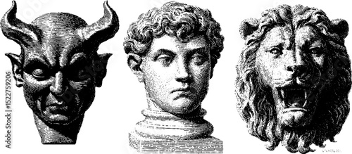 Gothic gargoyle and mythical creature engravings for historical art design
