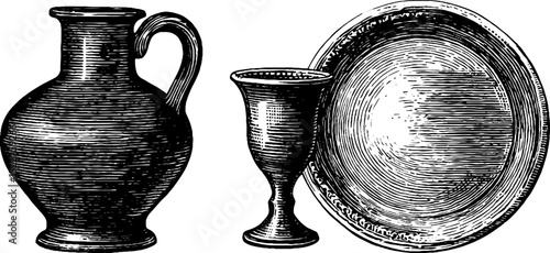 Vintage engraved illustration of greek amphora set for historical design projects