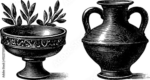 Engraved illustration set of greek amphora and decorative bowl with leaves