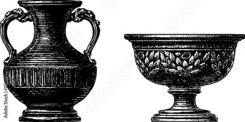 Engraved illustration of greek amphora and bowl design for historical art projects
