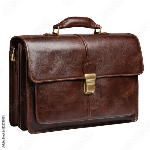 Brown leather briefcase isolated on transparent background