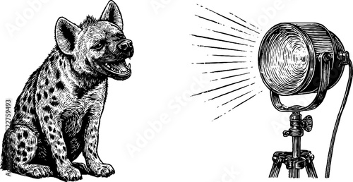 Engraved illustration of hyena comedian with spotlight for comedy themes
