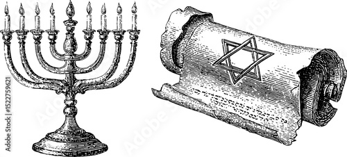 Engraved illustration set of jewish menorah and star scroll for hanukkah design