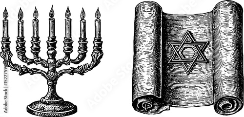 Engraved jewish menorah and star of david scroll illustration set for holiday design