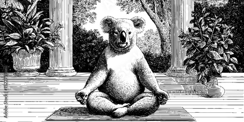 Engraved illustration of koala yoga instructor in serene outdoor setting