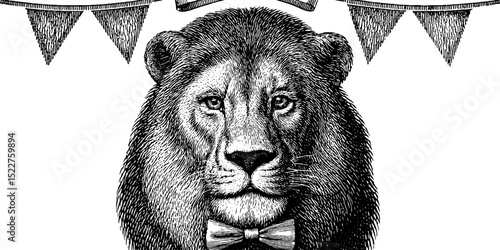 Elegant lion in bow tie with vintage engraving style for design use