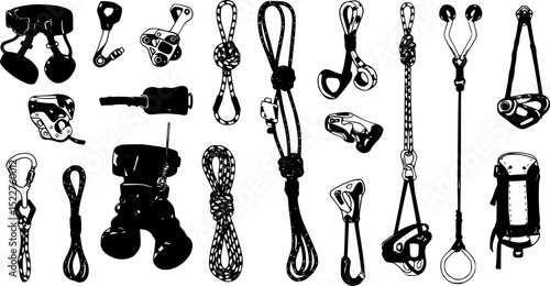 Climbing gear accessories illustrated in vector format featuring a rock climbing ascent with ropes and knots for outdoor adventurers
