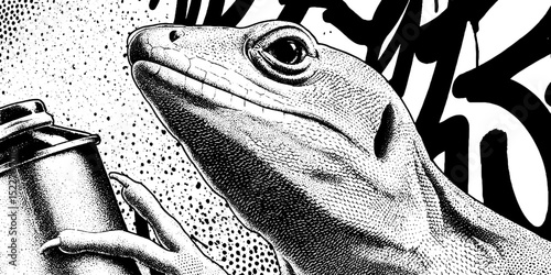 Engraved lizard street artist with paint spray can graffiti concept