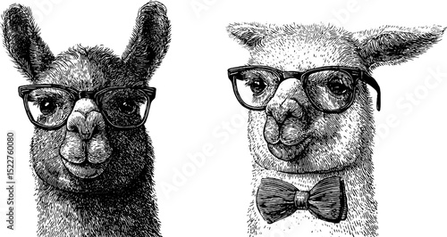 Engraved illustration set of llamas with glasses and bow tie for design projects