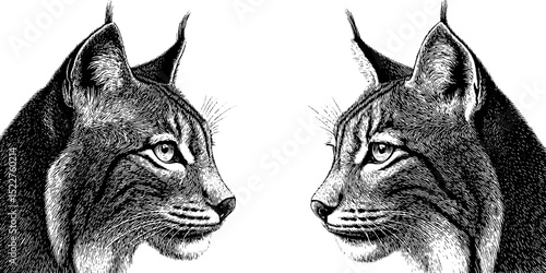 Engraved lynx illustration set with detailed tufted ears for artistic design projects