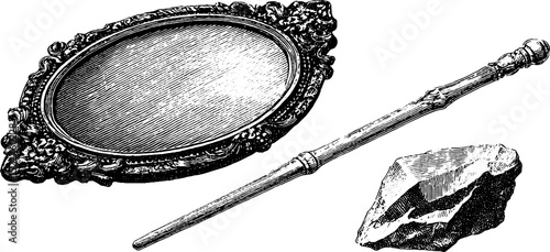 Enchanted objects: magic mirror, wand, and crystal stone design for prints