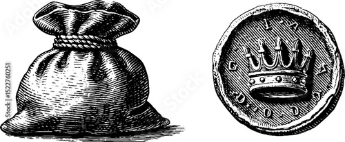 Medieval coin purse and currency engraved illustration set for historical design