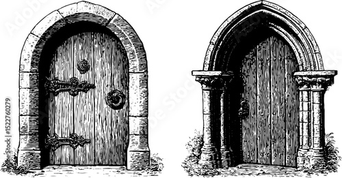 Engraved illustration set of medieval doors for historical design and architecture projects