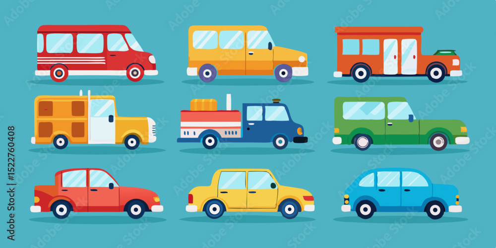 Collection of Colorful Cartoon Cars and Vans on a Blue Background Featuring Various Styles and Designs Perfect for Children s Illustrations and Transportation Themes Collection of Colorful Cartoon Cars and Vans on a Blue Background Featuring Various Styles and Designs Perfect for Children s Illustrations and Transportation Themes