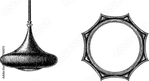 Mid century modern engraved pendant lamp and decorative frame design