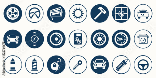 Collection of Car Service and Repair Icons in Blue and White Featuring Wheels Steering Wheel Tools and Other Automotive Related Symbols in Circle Frames