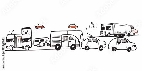 Hand drawn illustration of a traffic jam with various vehicles including cars trucks buses and vans with a cartoonish and playful style on a white