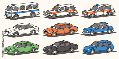 Collection of Cartoon Cars and Vans in Various Colors Including Emergency Vehicles and a Taxi Presented in a Clean Minimalist Style with Black Outlines
