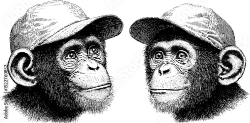 Engraved monkey illustrations wearing baseball caps for retro design projects