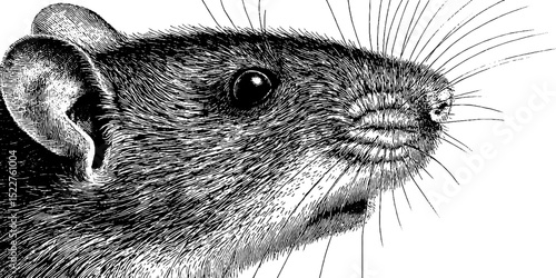 Detailed engraved illustration of mouse showcasing its long whiskers for art projects or educational use