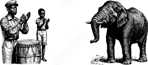 Traditional village music scene with musicians clapping and elephant illustration - design for poster or card