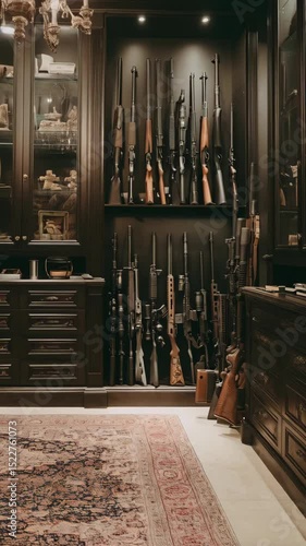 Rifles and firearms collection displayed in a secure wooden gun cabinet, with a vintage rug in foreground.